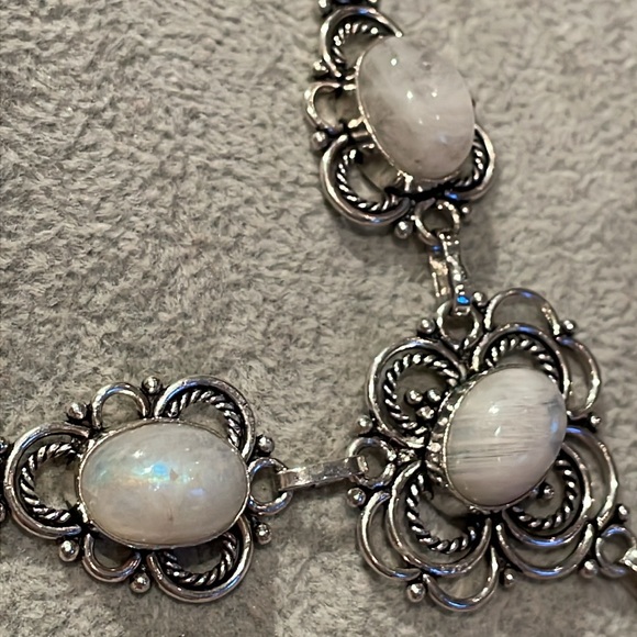 Moonstone Necklace Floral Drop Design Silver Scroll 6 Moonstones V Drop - Picture 9 of 12